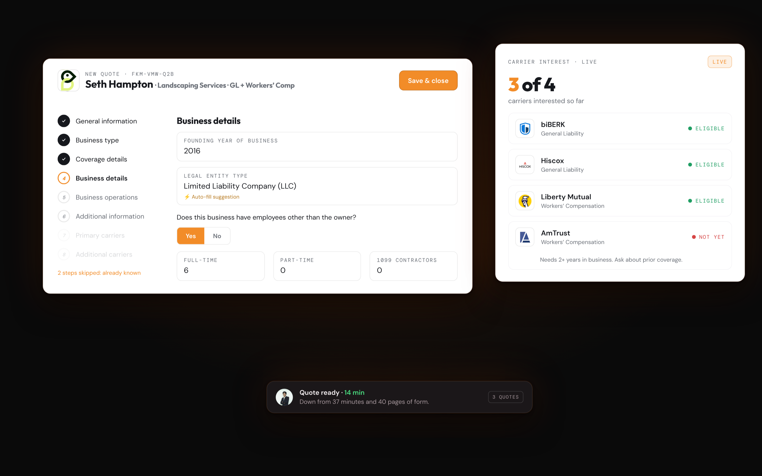 Bold Penguin: insurance quote form with live carrier eligibility