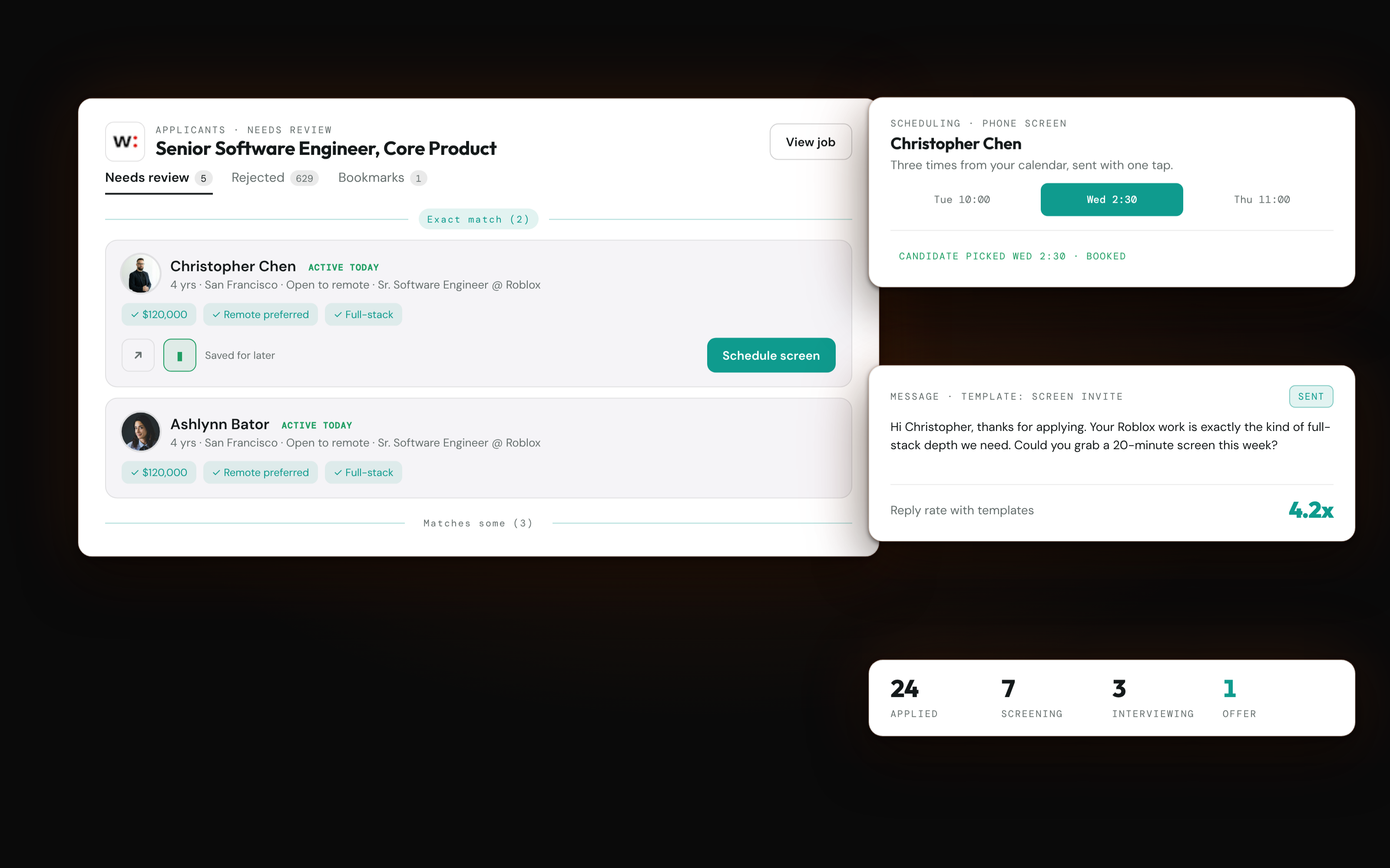Wellfound Essentials: applicant inbox with exact matches, one-tap scheduling and templated replies