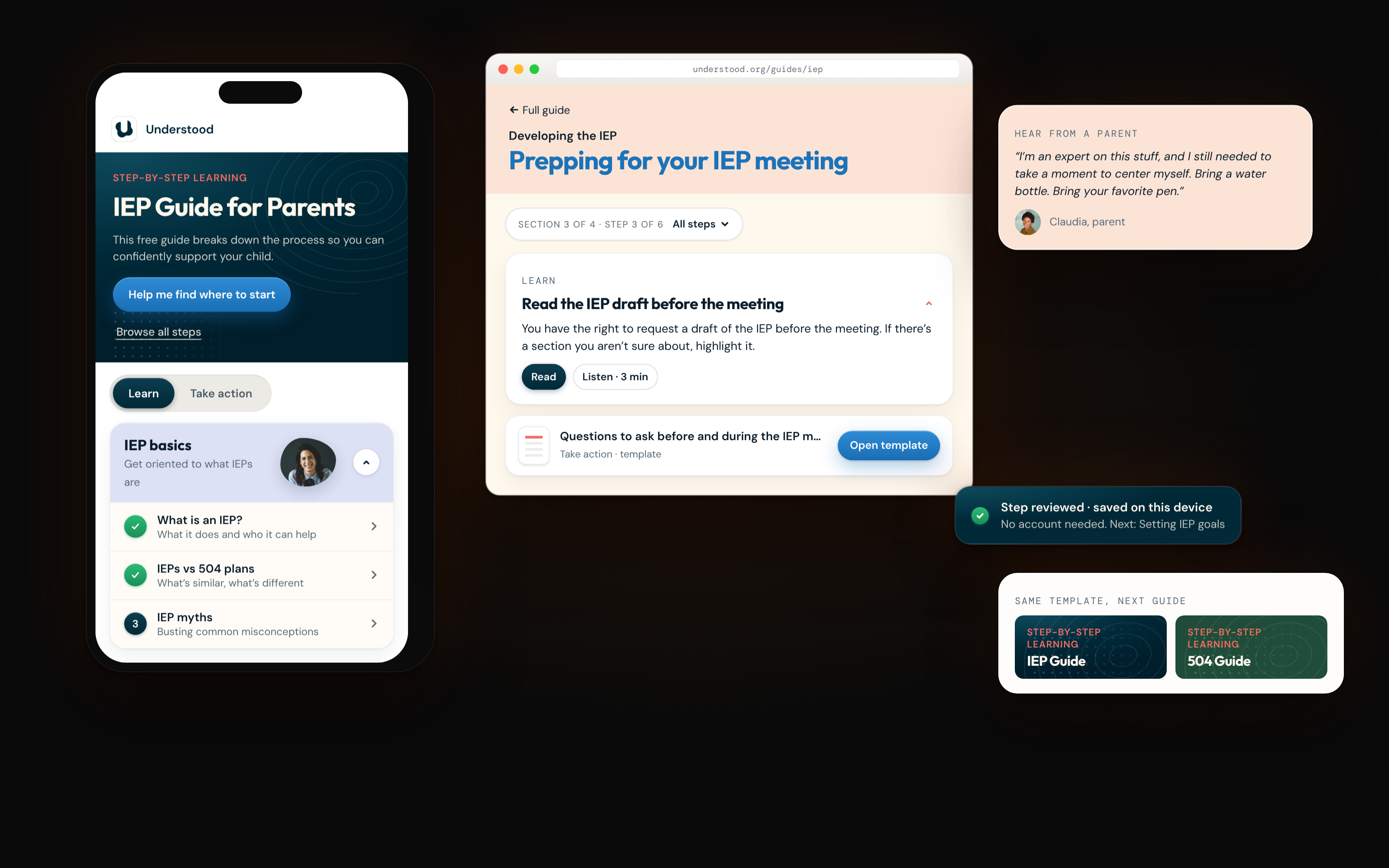 IEP Guide: the landing page, the guide spine, a step page with Learn drawers and a template, and a reviewed step