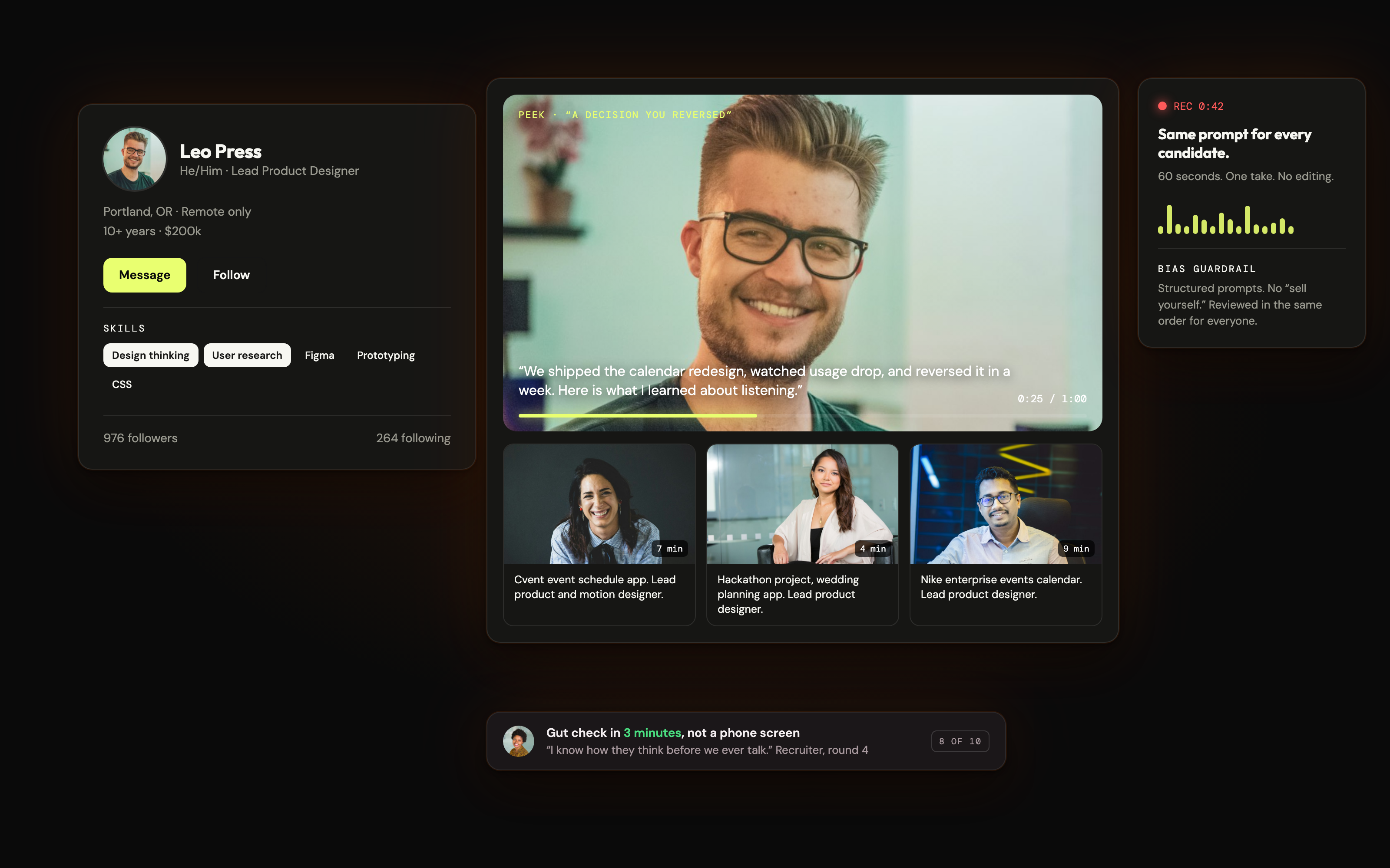 Wellfound Peeks: video-first candidate profile with a structured prompt recording